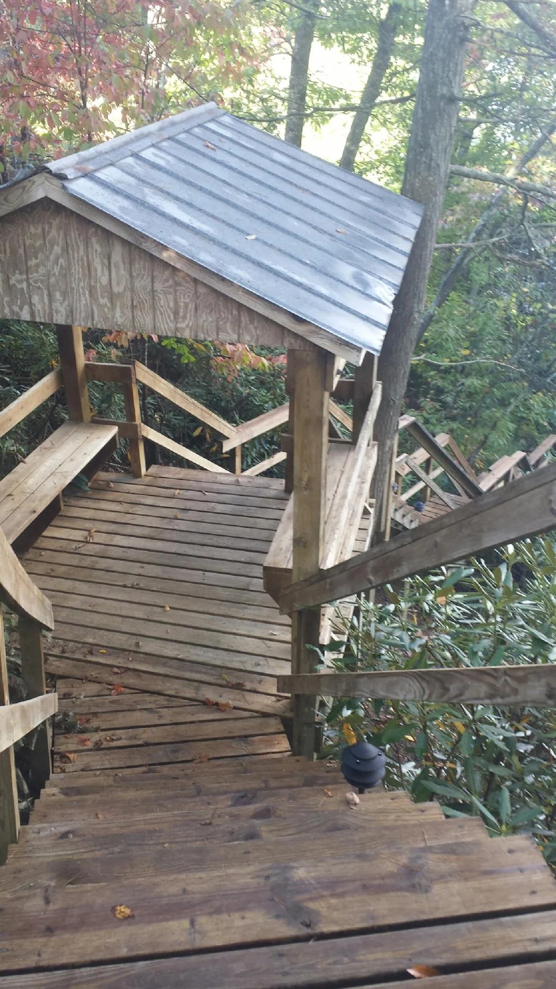 Metal roofed shelter over wooden steps on a wooded walkway — Skylight Repair & Installation work by our crew in Veradale